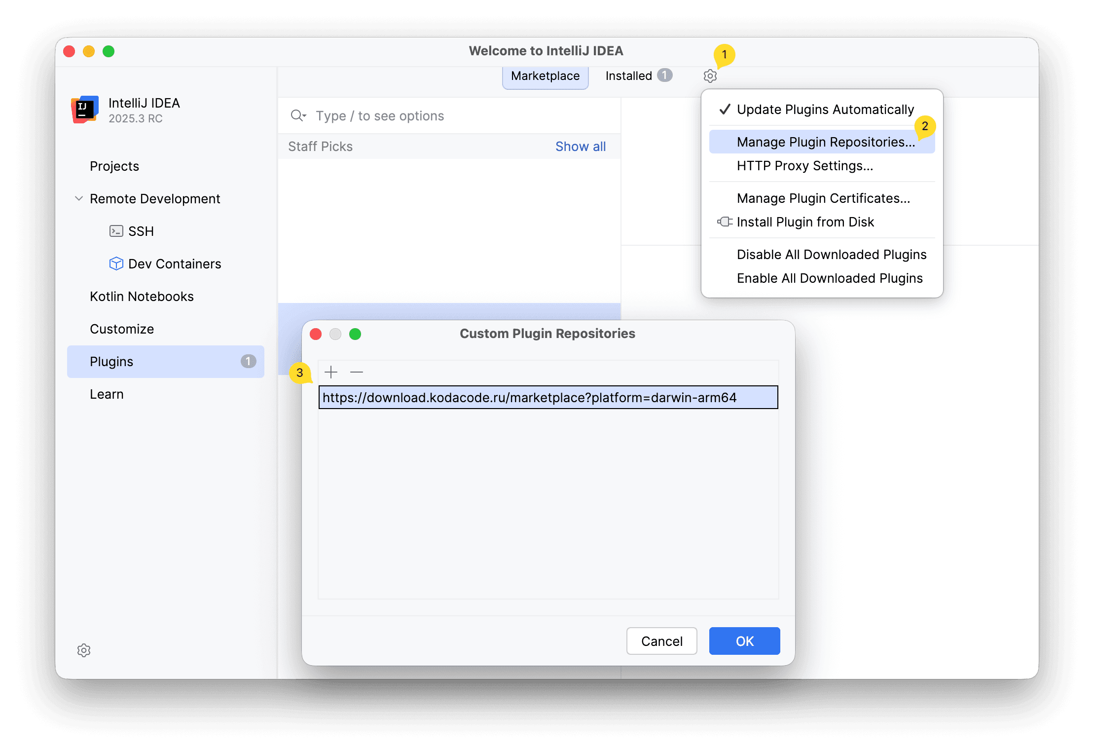 Окно настройки репозиториев плагинов в IntelliJ IDEA: шестеренка, Manage Plugin Repositories и URL